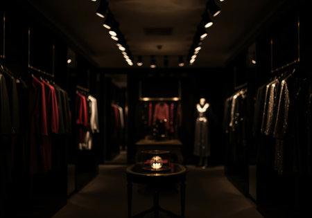 Low key lighting creates a mysterious and exclusive atmosphere inside a luxury retail clothing showroom. perfect for background use.の素材