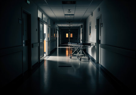 The long, dark hospital hallway is illuminated by sparse light, creating a suspenseful atmosphere around the empty medical gurney.の素材