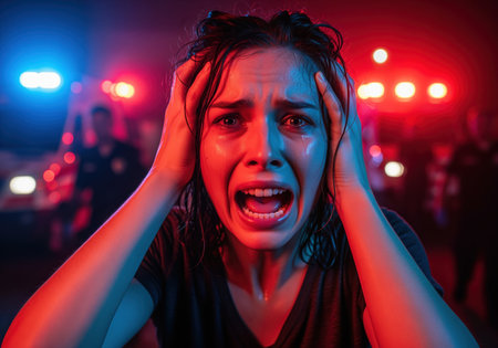 A close up portrait of a distressed young woman screaming and crying, clutching her head in panic. intense red and blue emergency lights illuminate the scene, suggesting trauma or crisis.の素材
