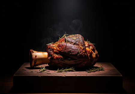A dramatic, low key shot of a steaming, perfectly roasted bone in meat shank seasoned with rosemary, resting on a dark wooden board. ideal for restaurant menus or food advertising.の素材