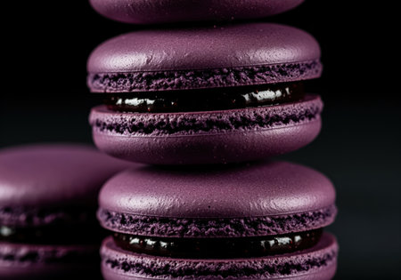 A dramatic close up of several deep purple french macarons stacked vertically, showcasing the glossy dark filling. perfect for bakery advertisements or dessert menus.の素材