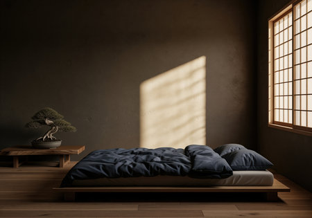 A serene japanese style bedroom featuring a low platform bed, dark textured walls, and a shoji screen window casting grid shadows. a small bonsai sits on a wooden side table, emphasizing minimalist tranquility.の素材