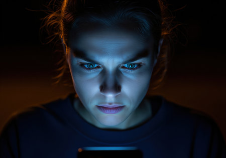 Close up of a serious woman looking intently at her mobile phone screen in a dark environment. the blue light casts an eerie glow on her face, highlighting digital addiction or late night use.の素材