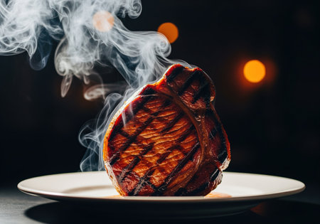 Appetizing close up of a perfectly grilled steak showing dark sear marks and rising steam, emphasizing freshness and flavor. ideal for culinary promotions.の素材