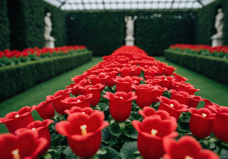 A low perspective view showcases a formal garden path flanked by dense rows of vibrant red bell flowers and perfectly manicured green hedges. classical statues stand guard in the background, creating an atmosphere of elegance and symmetry.の素材