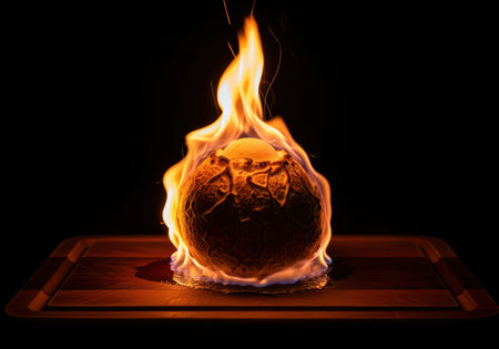 A dramatic close up of a flaming baked alaska dessert, featuring a sphere of ice cream covered in meringue burning brightly on a dark wooden surface.の素材