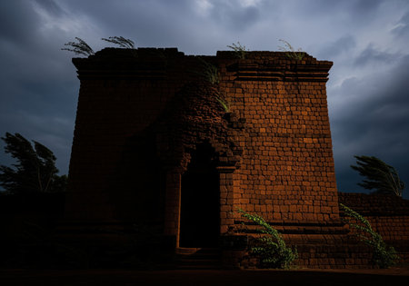 The imposing facade of an ancient laterite stone structure is dramatically lit against a brewing, dark storm sky, emphasizing its historical decay and mystery.の素材