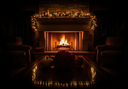 A warm, intimate evening scene featuring a stone fireplace adorned with festive garland and string lights, providing a cozy glow to the dark living room interior.の素材