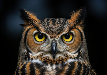 A dramatic, tightly focused portrait capturing the intense gaze of a great horned owl. its striking yellow eyes and detailed plumage are highlighted against a dark background.の素材