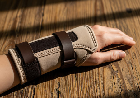 Beige neoprene wrist brace secured with dark straps worn on a hand, symbolizing medical support, recovery, and rehabilitation after injury or strain.の素材