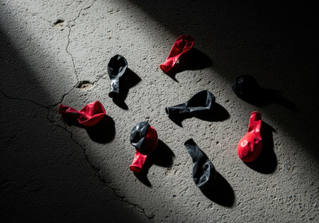 Deflated red and black party balloons are scattered across a textured concrete floor, highlighted by dramatic, harsh lighting and deep shadows, suggesting an ending.の素材
