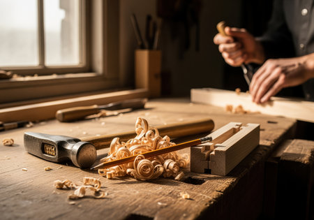 Traditional carpentry tools and wood curls resting on a worn workbench, illuminated by natural light. ideal for illustrating skill, craft, and manual labor.の素材