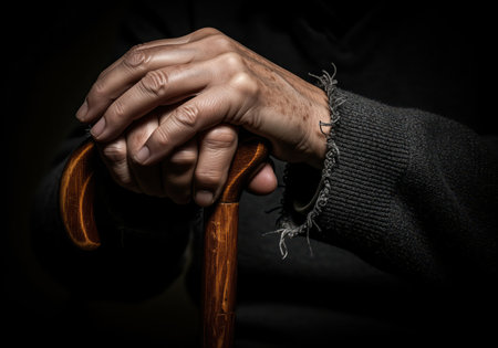A dramatic close up shot of an elderly person wrinkled hands, marked by age spots, gripping the polished wooden handle of a walking cane, symbolizing support and aging.の素材