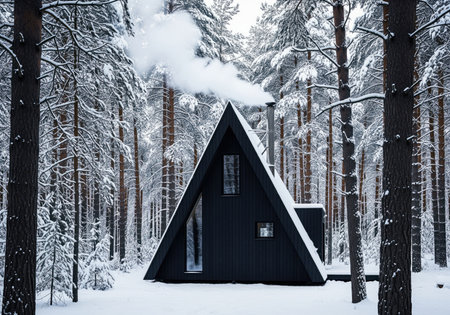 A striking modern black a frame cabin stands deep within a snow covered pine forest. smoke rises from the chimney, suggesting a cozy winter retreat.の素材
