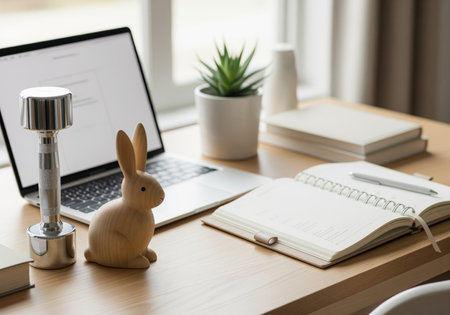 A bright, modern workspace featuring a laptop, open planner, decorative wooden rabbit, and a small dumbbell, symbolizing productivity and wellness.の素材