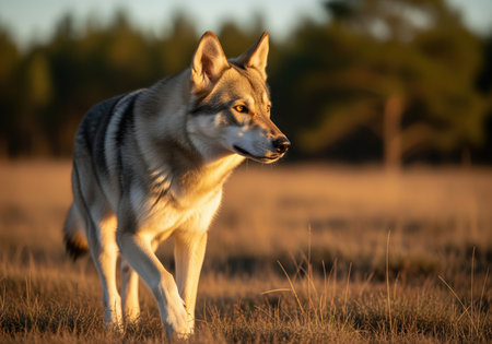 A majestic grey wolf walks purposefully through a dry meadow, bathed in the warm, dramatic light of the setting sun.の素材