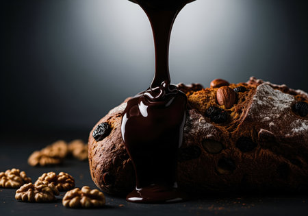 A thick, glossy stream of dark molten chocolate is poured dramatically over a rustic loaf of bread studded with almonds and raisins. perfect for bakery promotions.の素材