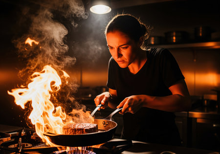 A focused female chef intensely sears a thick steak in a hot pan, causing dramatic flames and smoke to flare up in the dark commercial kitchen environment.の素材