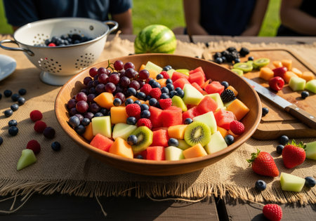 A close up shot of a colorful, healthy mixed fruit salad served in a wooden bowl outdoors, perfect for a summer gathering or picnic dessert.の素材