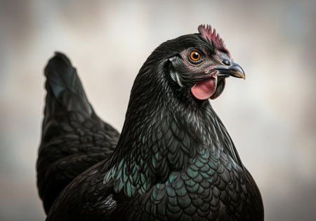 Detailed headshot of a domestic black chicken, highlighting its glossy feathers, prominent red comb, and intense gaze. ideal for agricultural content.の素材