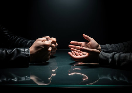 Two pairs of hands meet across a dark, reflective table under dramatic lighting. one side shows clenched fists, representing anger or refusal, while the other shows open palms, suggesting negotiation or surrender.の素材