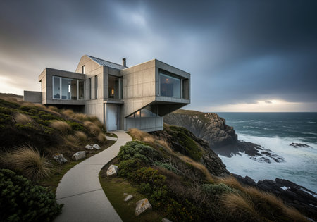 A striking contemporary brutalist concrete house sits dramatically on a rugged, windswept cliff overlooking the turbulent ocean under a moody sky.の素材