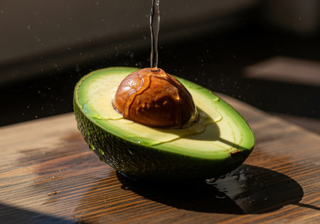 Meticulously halved ripe avocado featuring its prominent seed, being rinsed by a stream of water on a dark wooden surface, emphasizing freshness and healthy fats.の素材
