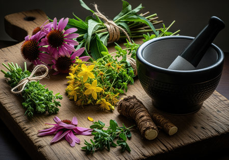 Fresh medicinal herbs, including echinacea and st. john wort, are displayed with roots and a mortar and pestle on wood, symbolizing natural healing and traditional wellness.の素材