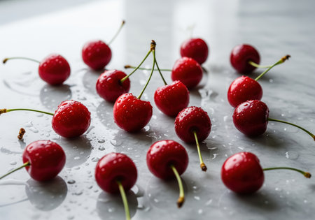 A close up shot of fresh, ripe red cherries scattered across a surface, featuring small water droplets and attached stems. perfect for food blogs or summer fruit recipes.の素材