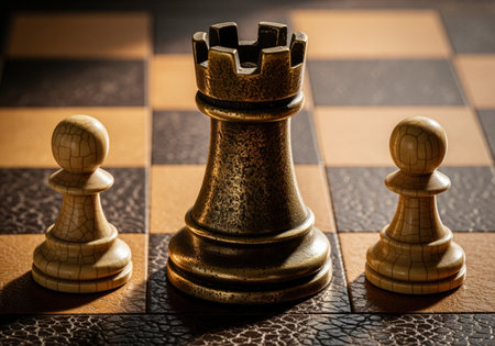 Detailed close up of an antique brass rook positioned between two weathered white pawns, symbolizing strategy, competition, and intellectual challenge.の素材