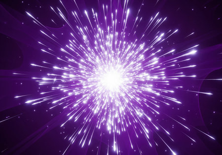 Dynamic abstract background featuring a bright central light source exploding into numerous glowing purple and white energy trails.の素材