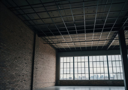 Architectural interior of a raw, spacious studio featuring dark brick walls, an unfinished ceiling grid, and expansive industrial windows overlooking the city.の素材