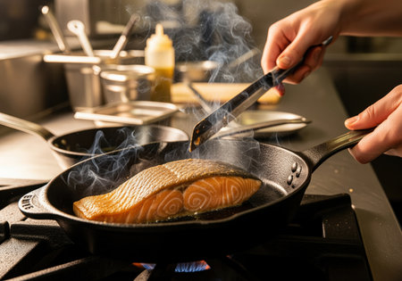 Professional chef searing a thick, seasoned salmon fillet in a sizzling cast iron pan over a gas flame, emphasizing high quality cooking and preparation.の素材