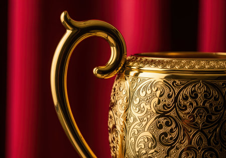 Close up view of a highly polished golden cup or trophy, emphasizing the detailed, ornate filigree patterns and elegant curved handle. perfect for themes of success and winning.の素材