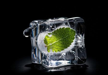 A vibrant green mint leaf is encased within a melting, clear ice cube, creating a refreshing and dramatic visual for cooling drinks or flavor concepts.の素材