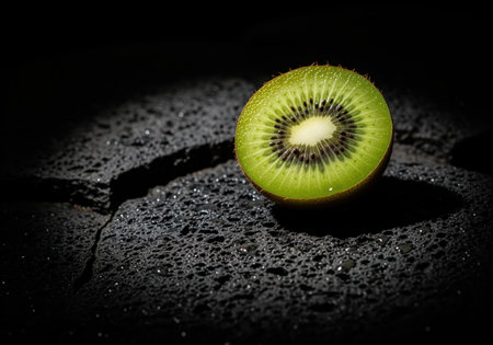 A close up, low key studio shot of a wet, halved kiwi fruit highlighting the bright green flesh, white core, and black seeds. ideal for food, health, and nutrition concepts.の素材