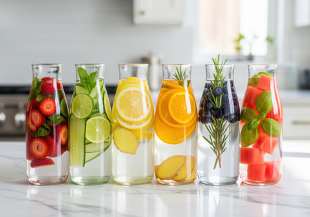 Six glass bottles containing refreshing detox water infused with various fresh fruits and herbs like berries, citrus, and mint, promoting hydration and wellness.の素材