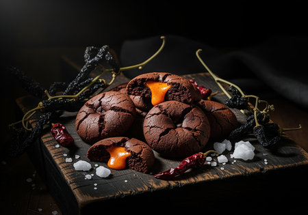 A dramatic low key food photograph featuring rich dark chocolate crinkle cookies filled with bright orange molten caramel, garnished with sea salt and dried chili peppers on a wooden board.の素材
