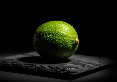 A single, whole, vibrant green lime covered in fresh water droplets, dramatically lit against a dark background, emphasizing freshness and texture.の素材