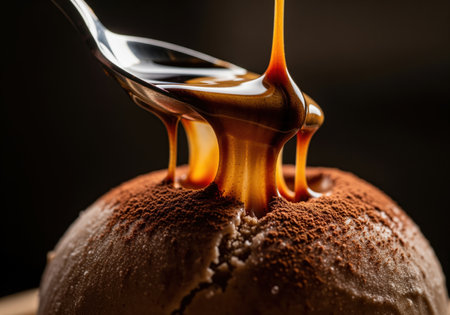 A close up view capturing the luxurious moment of thick, glossy espresso syrup being poured from a spoon onto a scoop of chocolate gelato dusted with cocoa powder.の素材