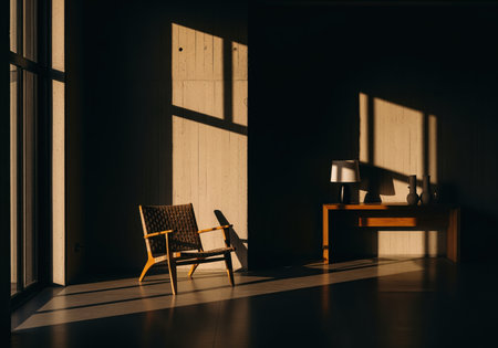 A moody interior scene captured during golden hour, featuring a modern woven armchair and a console table bathed in dramatic window light and deep shadows.の素材