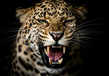 Detailed portrait of a wild leopard displaying extreme aggression, captured mid snarl with mouth open and sharp teeth visible. this powerful image conveys danger and predatory instinct.の素材