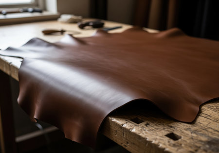 A large, smooth sheet of premium tobacco brown leather material is displayed on a worn wooden workbench, ready for crafting luxury goods.の素材