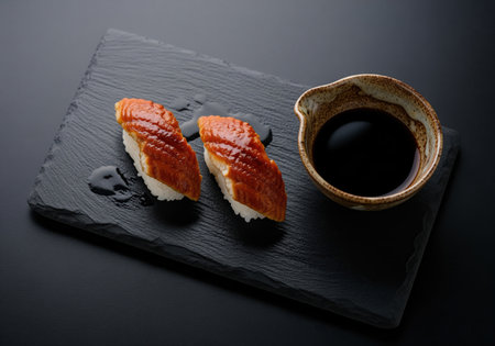 Delicious unagi nigiri, made with sweet and savory grilled eel over seasoned rice, is elegantly displayed on a textured black serving platter.の素材