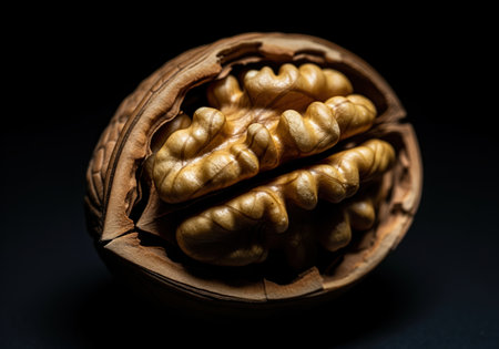 A dramatic macro photograph of a single walnut cracked open, showcasing the intricate texture of the edible kernel and the shell. perfect for health food or ingredient concepts.の素材
