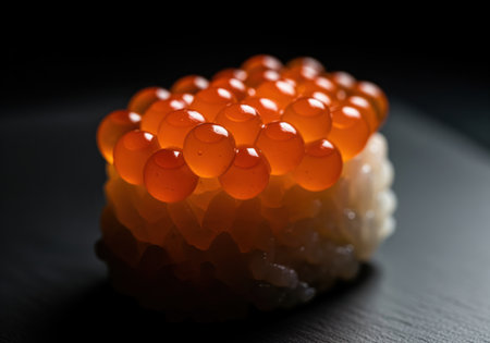 A dramatic, close up view of a single piece of ikura gunkanmaki sushi, featuring glossy, vibrant orange salmon roe resting on a bed of rice. perfect for food blogs or menus.の素材