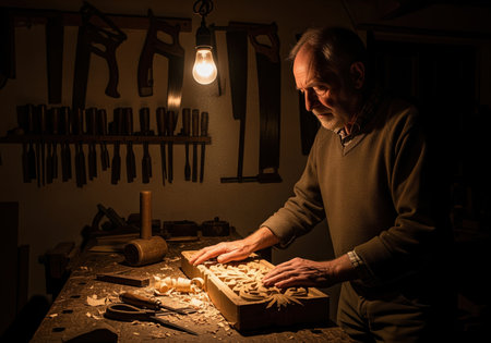 A senior craftsman meticulously carves wood in his dark workshop, lit dramatically by a hanging incandescent light bulb over the workbench. this scene depicts traditional skill and focused labor.の素材