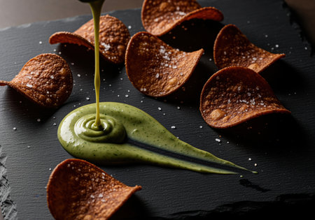 Crispy, heavily salted dark chips arranged dramatically around a thick stream of vibrant green sauce being poured onto a black stone serving board.の素材