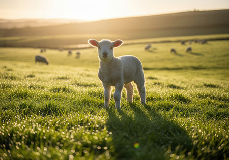 A fluffy white lamb stands facing the camera in a vibrant green field covered in morning dew. the scene is bathed in warm golden hour light, highlighting the peaceful rural setting.の素材
