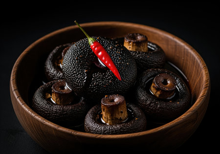 A dramatic close up of deeply roasted, dark mushrooms soaking in a savory marinade, highlighted by a bright red chili pepper in a wooden serving bowl.の素材